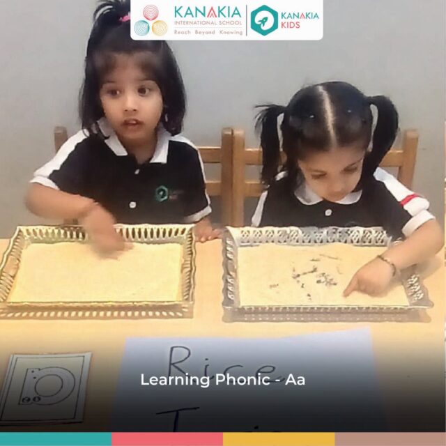 Nursery learners exploring Letter A with apple-tree matching and rice tracing